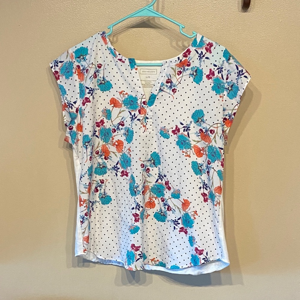 Van Heusen White Blouse with Floral and Polka Dot Design
